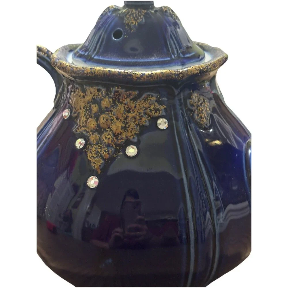 Rare Hall China Cobalt Blue Rhinestone Gold Teapot 6 Cup USA Vintage 01043